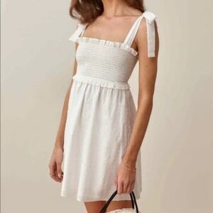 Reformation Linen Tie Strap Smocked Dress Dawson - White - Medium